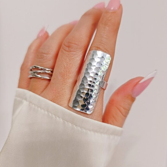 Sterling Silver Ring Hammered Shield Ring, Shield Silver Ring, Women Statement - Picture 2 of 10